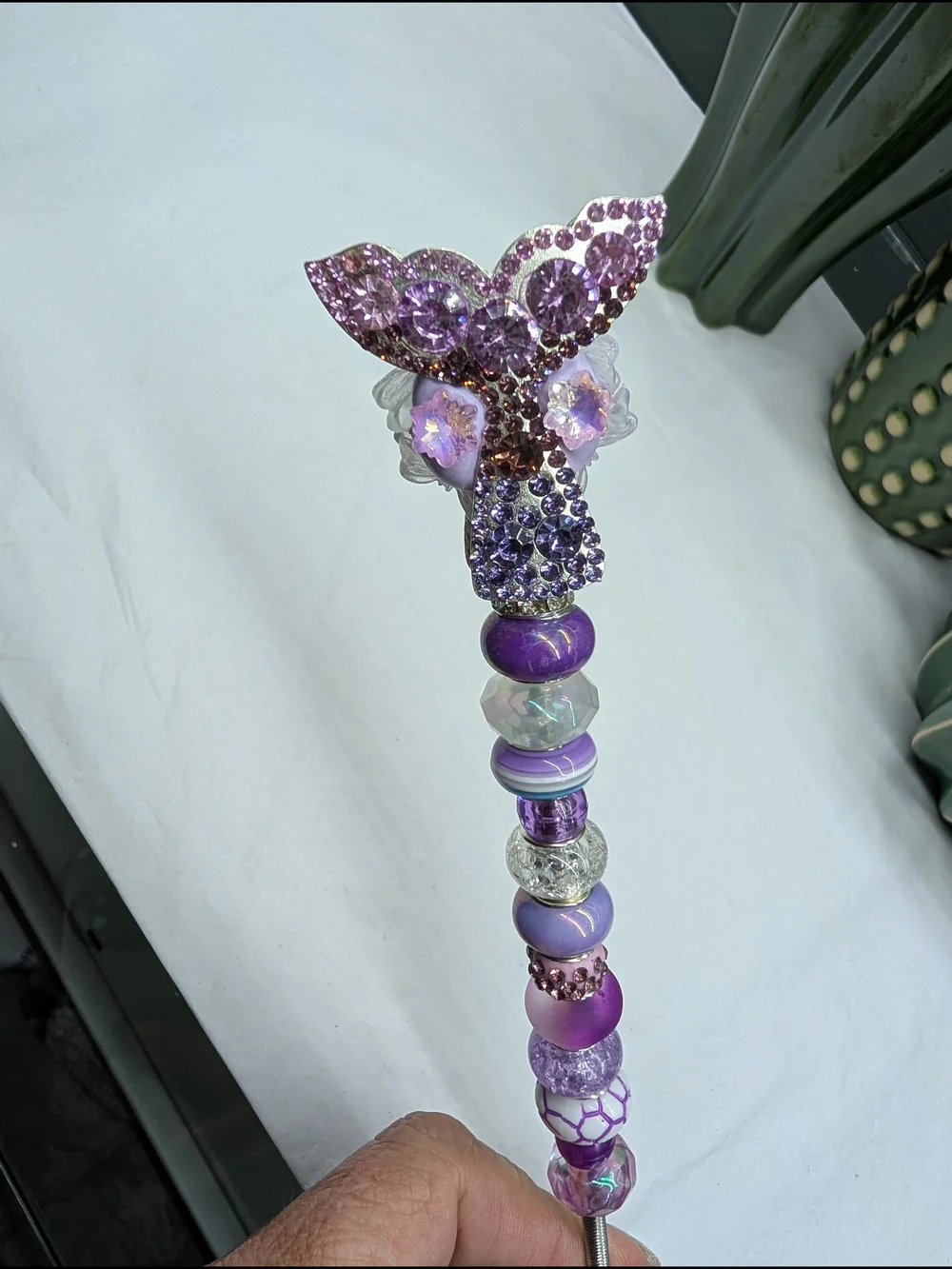 Hand Made Beaded Fairy Wand/Plant/Garden Stake W/Crystal Butterfly Topper 🦋